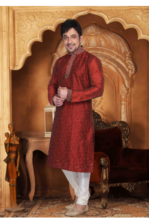 Garnet Red with White Color Silk Kurta Set